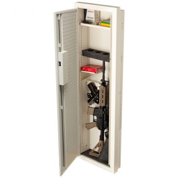 the V-Line Closet Vault II in-wall gun safe containing a handgun and automatic rifle